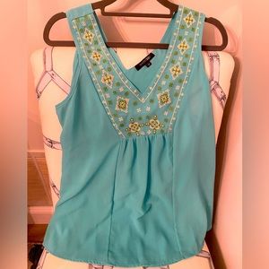 Papermoon XS turq sleeveless top with stitching around front
